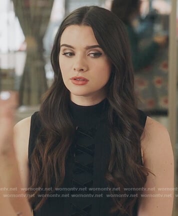 Jane’s black lace-up sleeveless sweater on The Bold Type