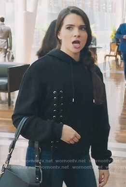Jane’s black lace-up detail hoodie with mesh inset on The Bold Type