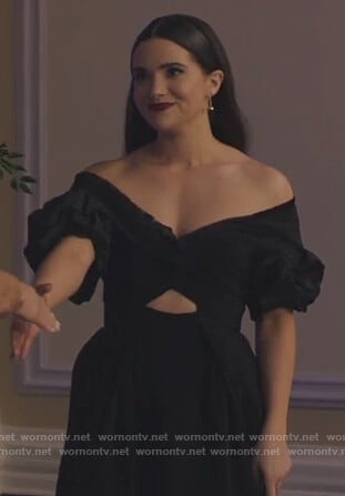 Jane’s black off shoulder silk dress on The Bold Type