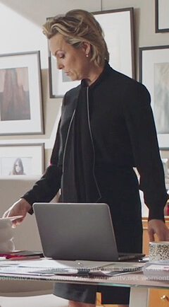 Jacqueline’s black contrast pussy bow blouse on The Bold Type