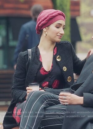 Adena’s black tweed coat and floral jumpsuit on The Bold Type