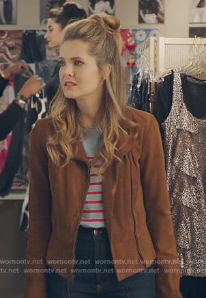 Sutton’s blue striped top on The Bold Type