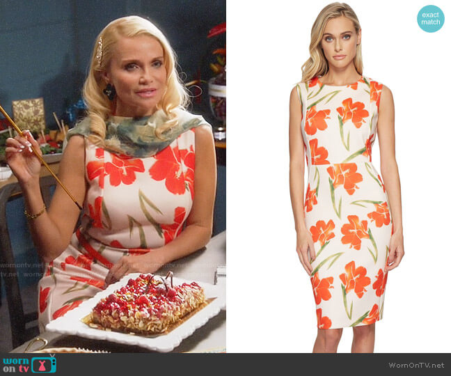 Calvin Klein Flower Print Sheath Dress worn by Lavinia Peck-Foster (Kristin Chenoweth) on Trial and Error