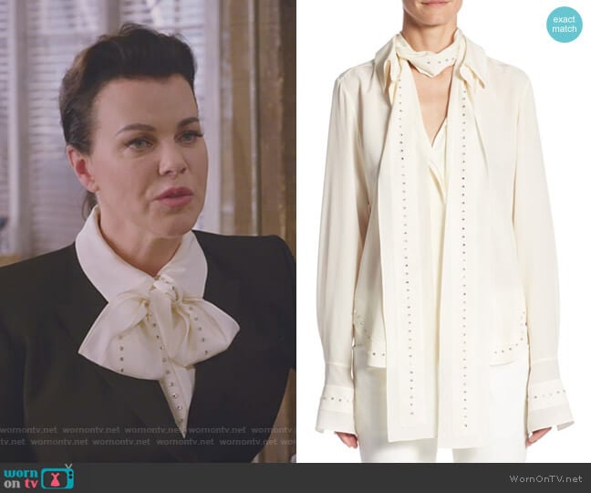 Chloe Rhinestone Tie Neck Blouse worn by Maggie (Debi Mazar) on Younger