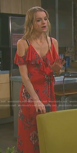 Claire’s red floral cold-shoulder dress on Days of our Lives