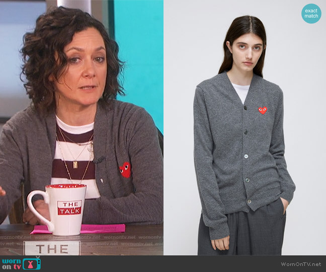 Comme Des Garcons Play Red Heart V-Neck Cardigan worn by Sara Gilbert on The Talk