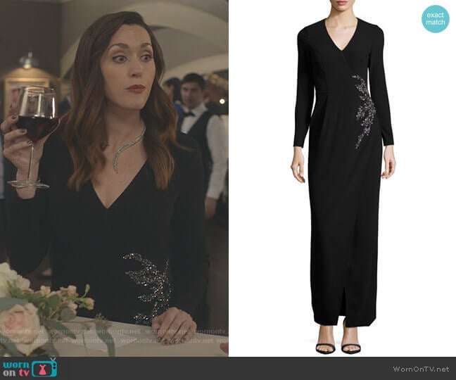 David Meister Long-Sleeve Embellished Faux-Wrap Gown worn by Abigail Pershing (Sarah Power) on Good Witch