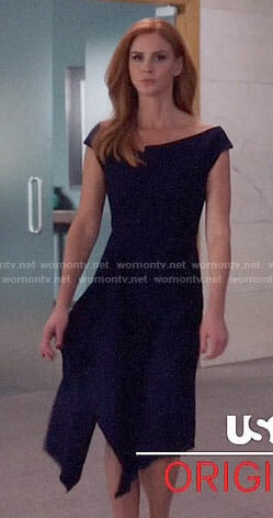 Donna’s navy off-shoulder dress on Suits