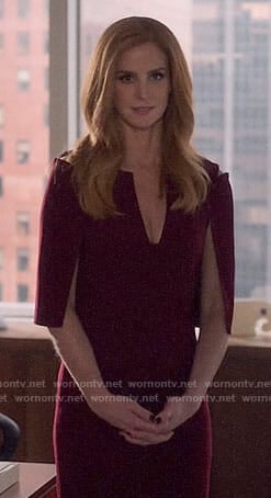 Donna’s burgundy cape sleeve dress on Suits