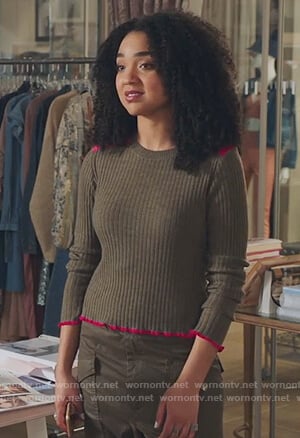 Kat’s khaki ribbed sweater on The Bold Type