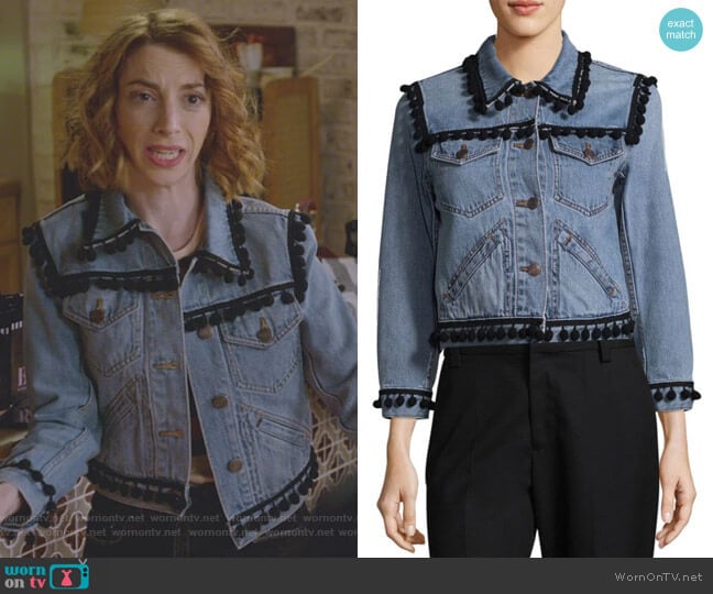 Marc Jacobs Shrunken Pom-Pom Cropped Denim Jacket worn by Lauren (Molly Bernard) on Younger