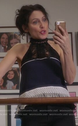 Abby’s blue halterneck top with fringe detail on Girlfriends Guide to Divorce