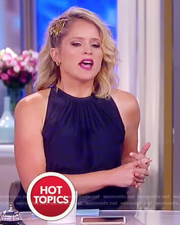 Sara’s navy gathered sleeveless dress on The View