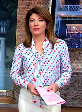 Norah’s blue and red star print blouse on CBS This Morning