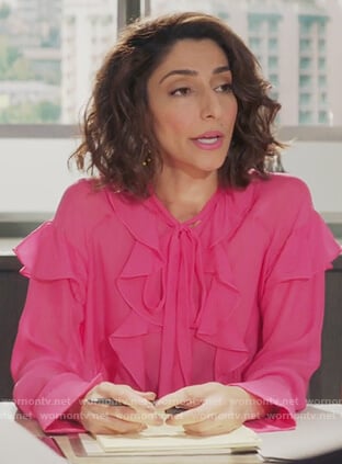 Delia’s pink sheer ruffle blouse on Girlfriends Guide to Divorce