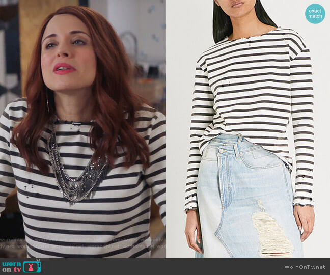 R13 Breton striped distressed cotton-jersey top worn by Jo (Alanna Ubach) on Girlfriends Guide to Divorce