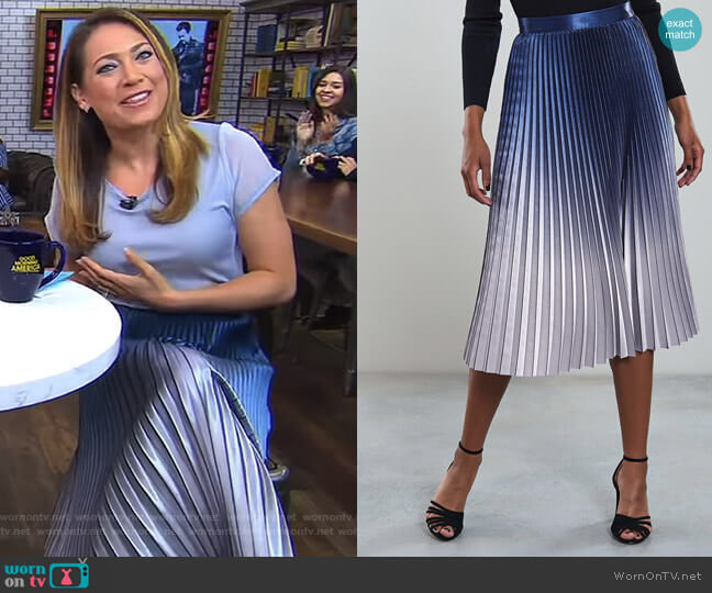 Reiss Anna Metallic Ombre Pleated Midi Skirt worn by Ginger Zee on Good Morning America