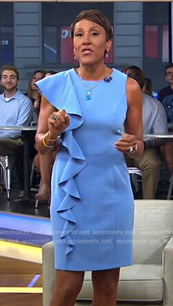 Robin’s blue ruffled sheath dress on Good Morning America