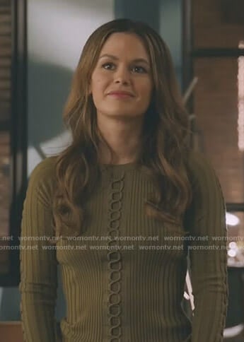 Sam’s green lace-up ribbed sweater on Take Two
