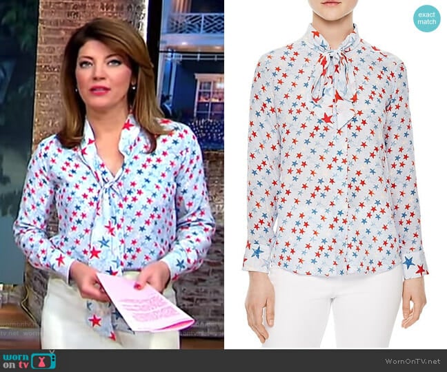 Sandro Space Tie-neck Silk Shirt worn by Norah O'Donnell on CBS Mornings