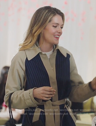 Sutton’s blue and beige striped trench coat on The Bold Type