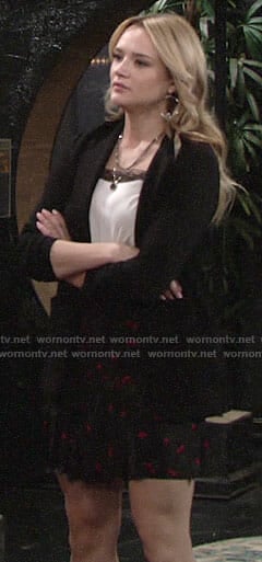 Summer’s white lace trim cami and cherry print skirt on The Young and the Restless