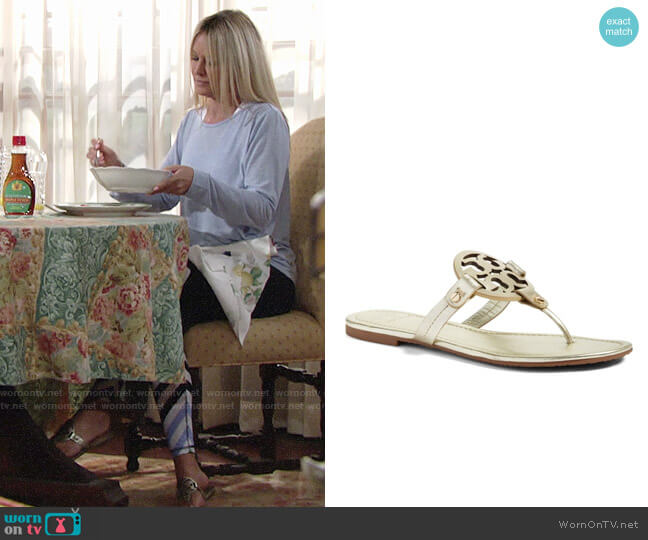 Tory Burch Miller Sandal in Gold Spark worn by Sharon Newman (Sharon Case) on The Young and the Restless