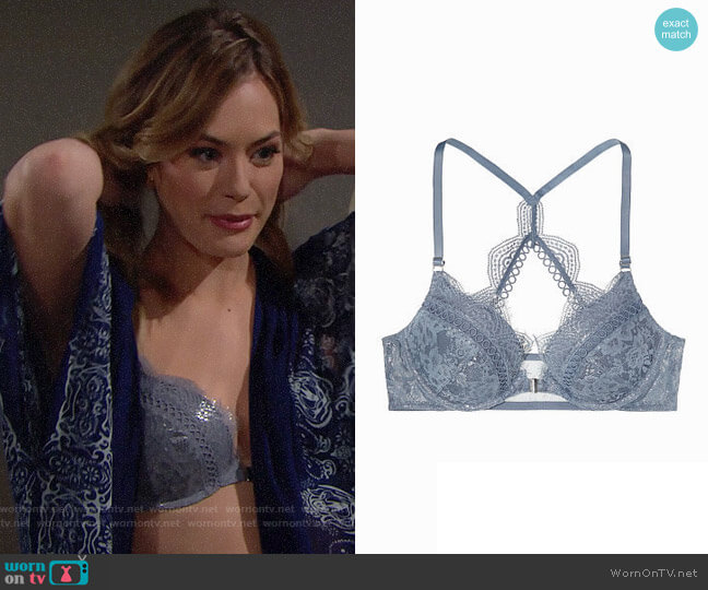 Victorias Secret Dream Angels Push Up Bra in Front-Close Coastal Blue Wildheart Lace With Silver Foil Shine worn by Hope Logan (Annika Noelle) on The Bold and the Beautiful