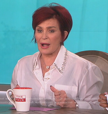 Sharon’s white embellished collar blouse on The Talk