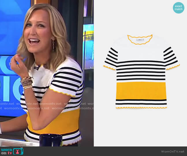 Zara Striped Sweater with Scalloped Trim worn by Lara Spencer on Good Morning America