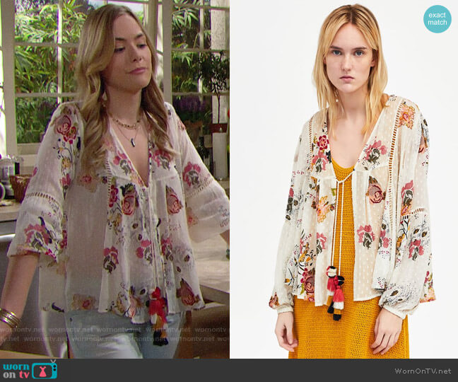 Zara Embroidered Dotted Mesh Blouse worn by Hope Logan (Annika Noelle) on The Bold and the Beautiful