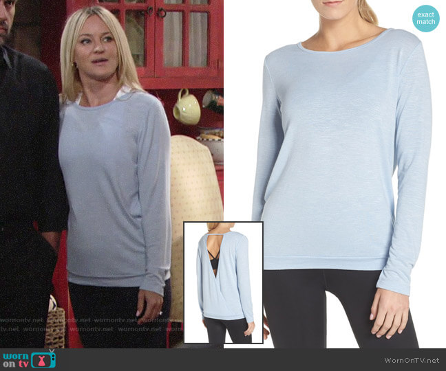 Zella Be Still Open Back Top in Blue Kentucky worn by Sharon Newman (Sharon Case) on The Young and the Restless