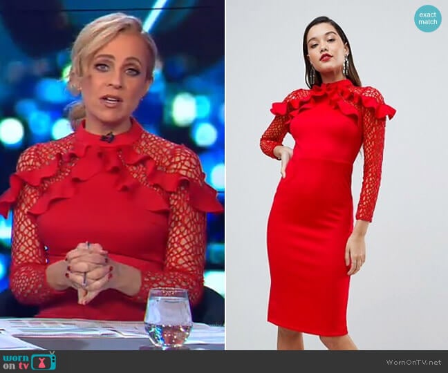 Asos Midi Pencil Dress with Mesh and Frill Details worn by Carrie Bickmore on The Project