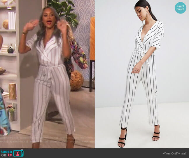 Asos Wrap Jumpsuit with self belt in stripe worn by Eve on The Talk