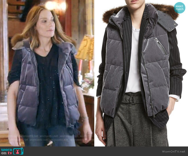 Brunello Cucinelli Velvet Puffer Vest with Fur-Trim Hood worn by Cary Deuber on The Real Housewives of Dallas