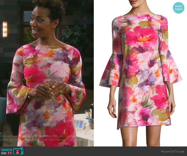 Chiara Boni La Petite Robe Natalia Bell-Sleeve Floral-Print Dress worn by Valerie Grant (Vanessa Williams) on Days of our Lives