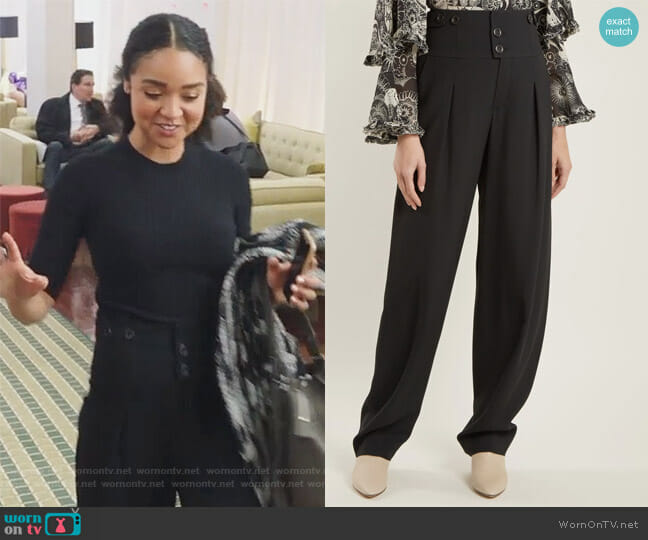 Chloe High-waist wide-leg crepe trousers worn by Kat Edison (Aisha Dee) on The Bold Type