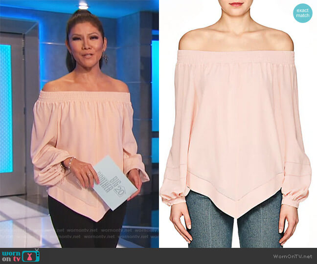 Derek Lam Silk Crepe Off-The-Shoulder Blouse worn by Julie Chen on Big Brother