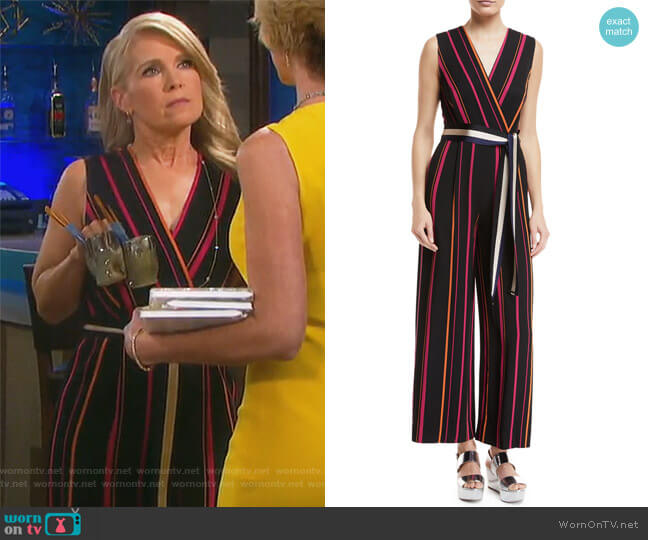 Diane von Furstenberg Sleeveless Crossover Wide-Leg Striped Jumpsuit worn by Jennifer Horton (Melissa Reeves) on Days of our Lives