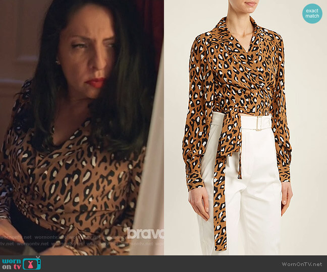 Diane von Furstenberg Whitman leopard-print silk blouse worn by Camila Vargas (Veronica Falcón) on Queen of the South