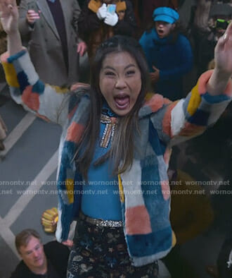 Dixie’s colorblock fur jacket on Insatiable