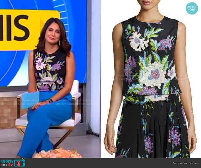 Diane von Furstenberg Floral-Print Silk Shell Top worn by Cecilia Vega on Good Morning America