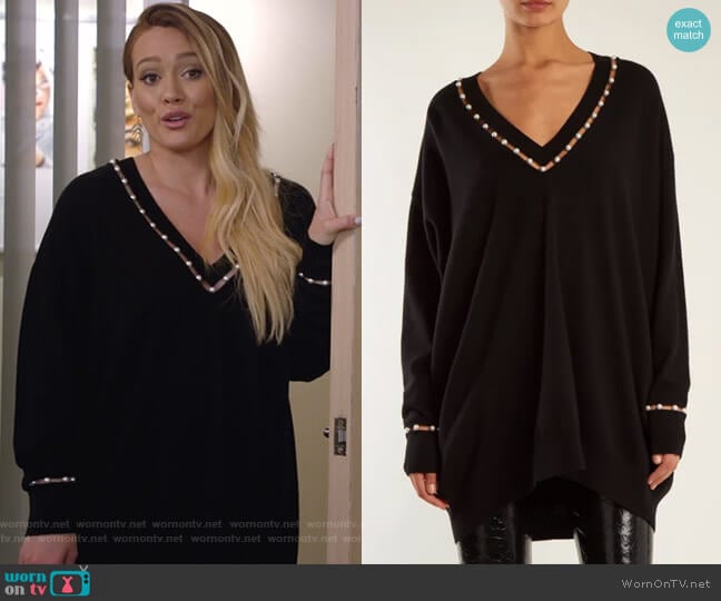 Givenchy Pearl-Embellished Sweater worn by Kelsey Peters (Hilary Duff) on Younger