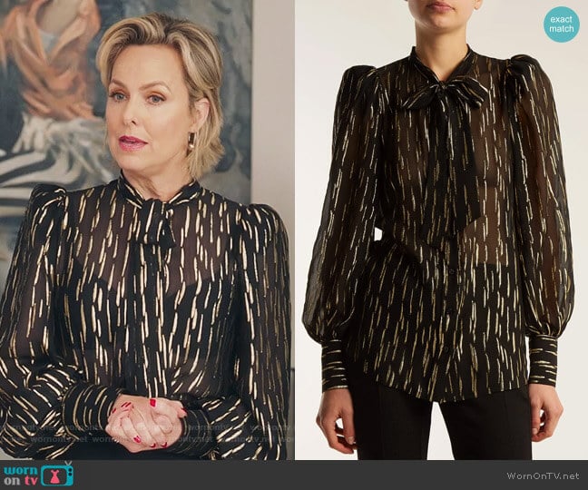 Givenchy Pussy-bow metallic fil-coupé silk-blend blouse worn by Jacqueline (Melora Hardin) on The Bold Type