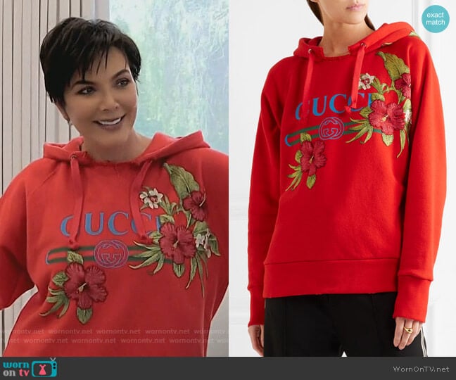 Gucci Embroidered printed cotton-jersey hooded top worn by Kris Jenner on Keeping Up with the Kardashians