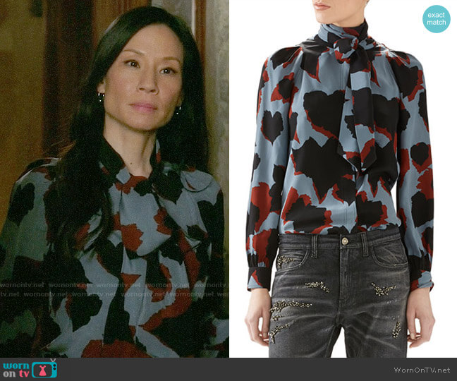 Gucci Leaves Print Silk Shirt worn by Joan Watson (Lucy Liu) on Elementary
