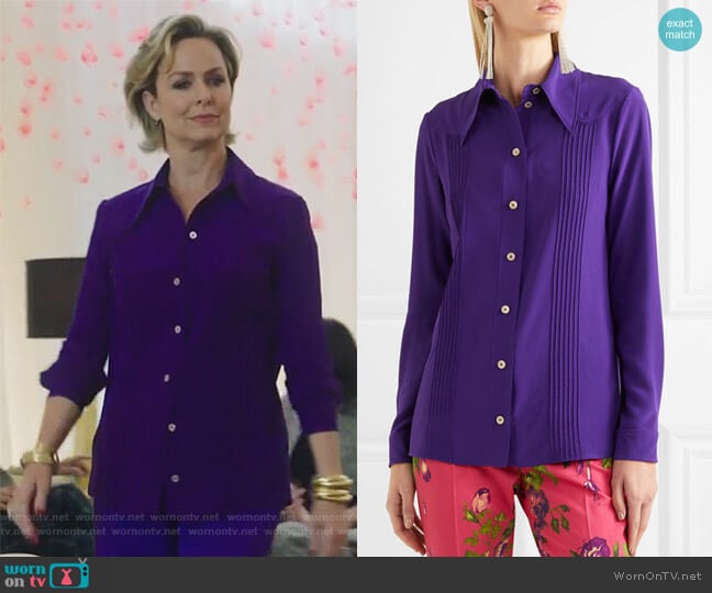 Gucci Pintucked silk crepe de chine shirt worn by Jacqueline (Melora Hardin) on The Bold Type