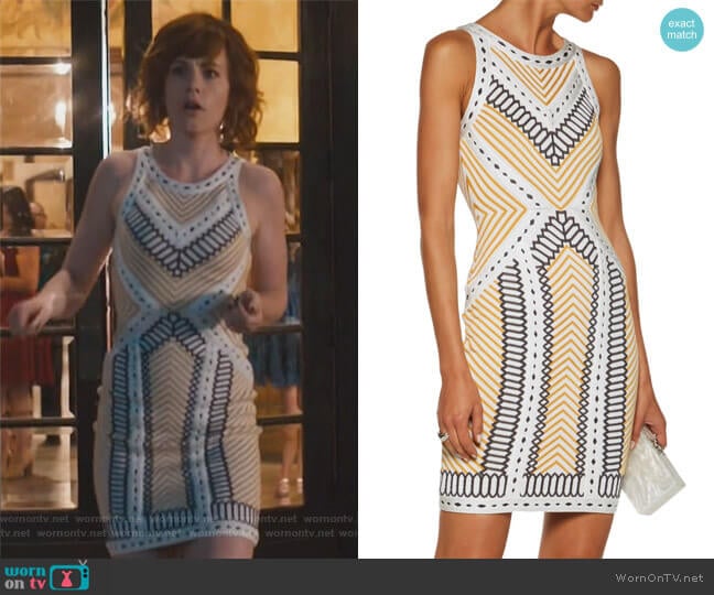 Herve Leger Lylah pointelle-trimmed bandage-jacquard mini dress worn by Kelly Anne Van Awken (Molly Burnett) on Queen of the South