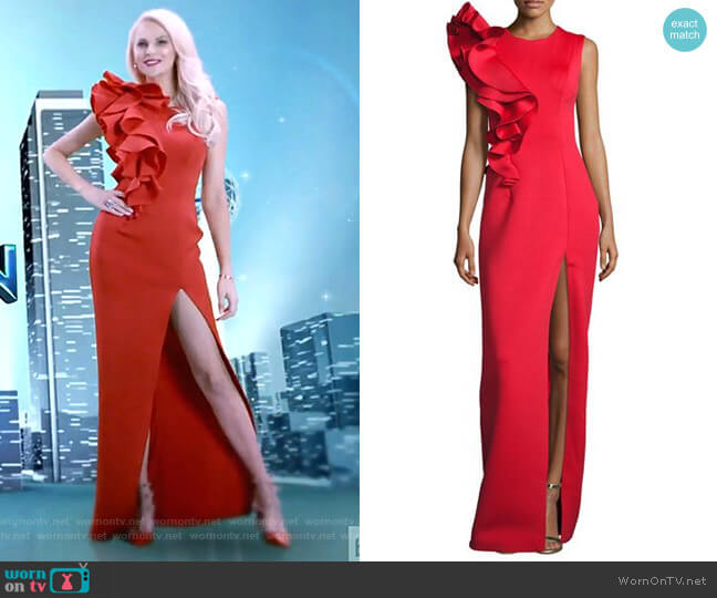 Jovani Sleeveless Ruffle-Trim Crepe Column Gown worn by Kameron Westcott on The Real Housewives of Dallas