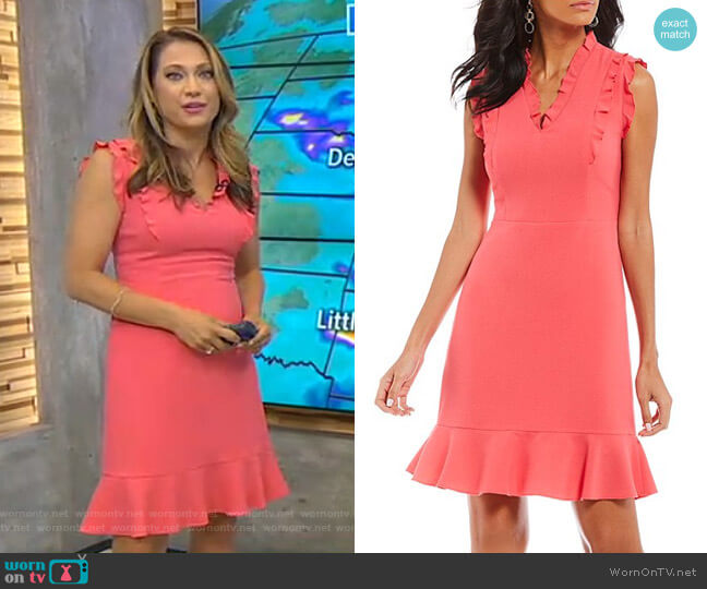 Karl Lagerfeld Paris V Neck Ruffle Flutter Dress worn by Ginger Zee on Good Morning America